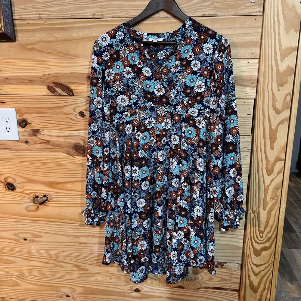 Umgee Floral Mini Dress in Brown, Teal & White